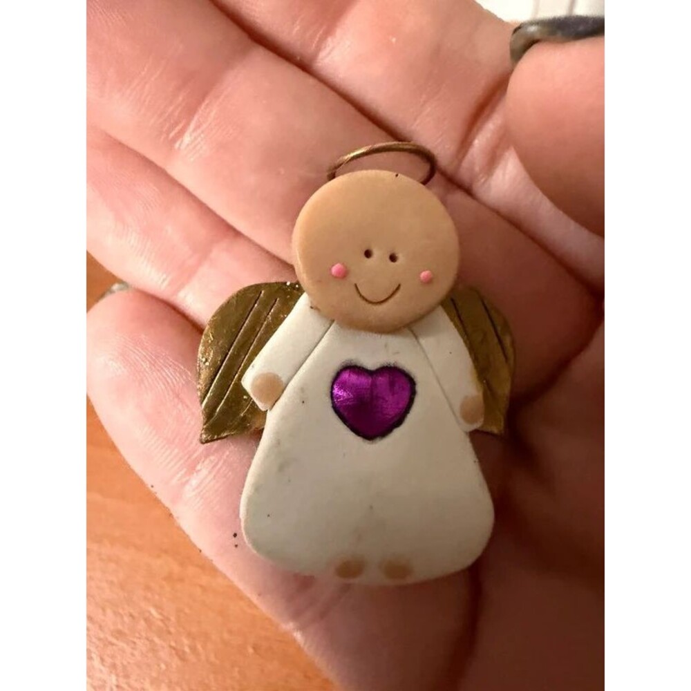 Handmade Polymer Clay Angel Brooch Pin Ornament Purple Heart Folk Art